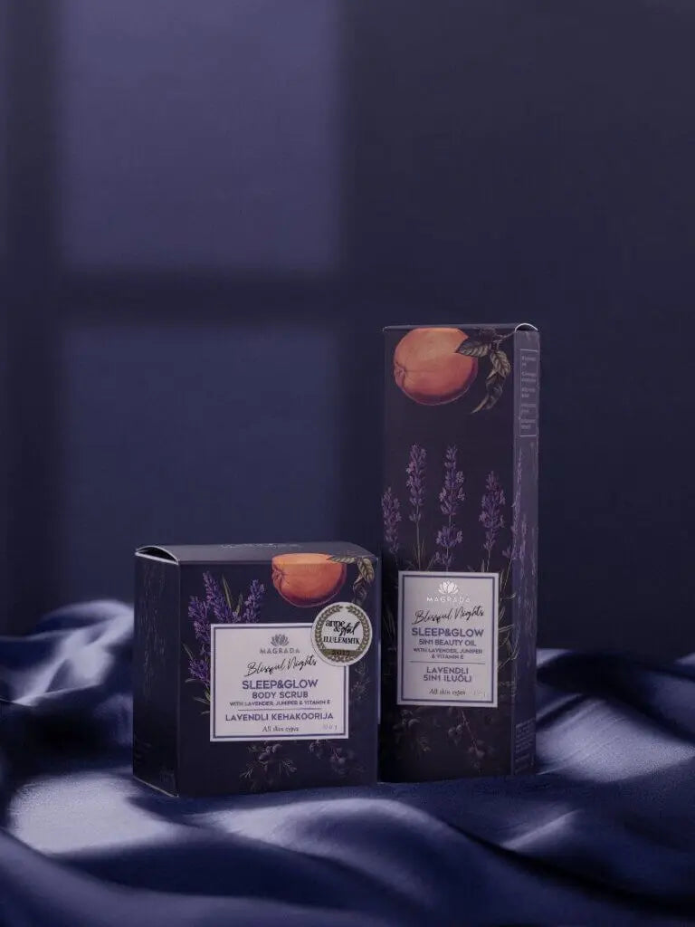 Sleep & Glow Body Gift Set by Magrada Organic Cosmetics featuring lavender body scrub and grapefruit essential oil.