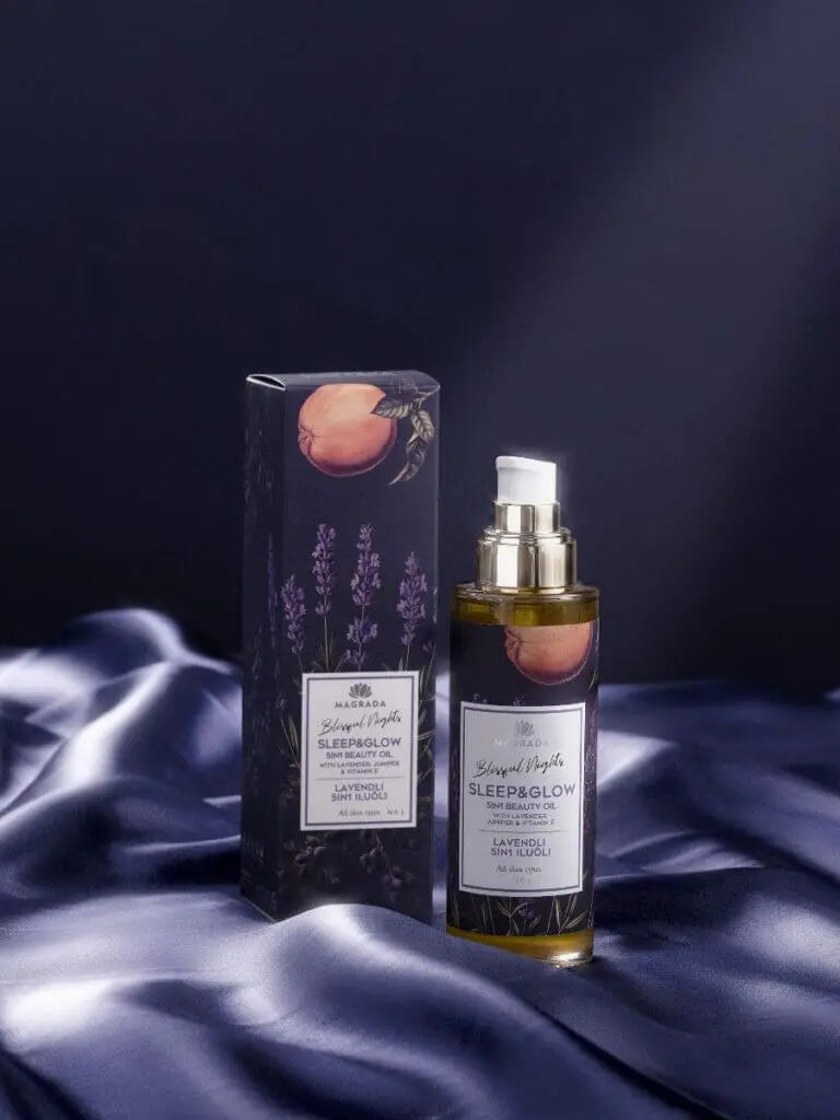 Sleep & Glow Body Gift Set featuring lavender essential oil and grapefruit on a luxurious fabric background.